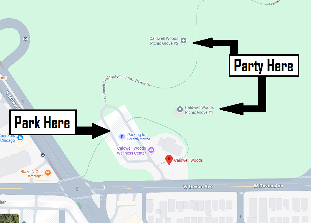 Map showing Caldwell Woods: park at Picnic Grove #1 parking lot, party at Picnic Grove #2
